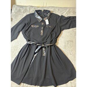 Women’s Ashley Stewart A Line Short Dress Faux Leather Trim Black Plus 26/28